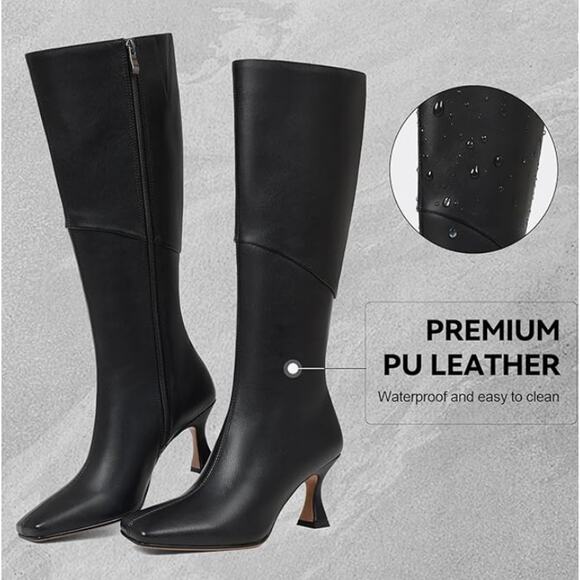 Coutgo Knee High Black Boots Women Square Toe Stiletto Heel Long NEW Sz 8.5 - Picture 5 of 6